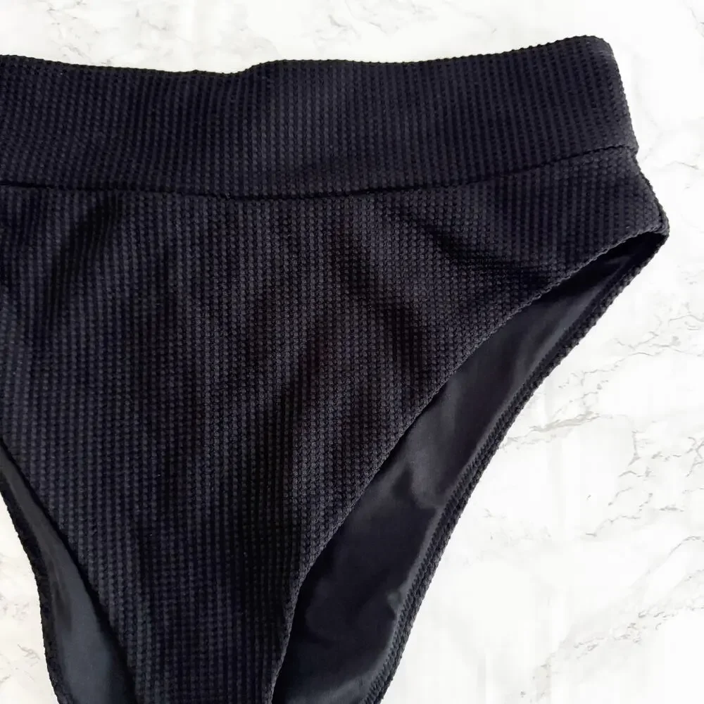 AERIE Waffle Longline Triangle High Cut Cheeky Bikini Black XL XXL - Picture 8 of 9